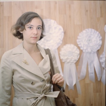 Musician, artist and model Marie Hostead photographed in front of an installation in the Happiness Project.