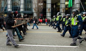 Members of the Black Bloc Coalition meet with the Vancouver Police