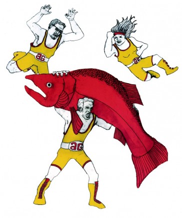Apollo Ghosts fighting a giant salmon. Illustration by Tyler Crich Apollo Ghosts fighting a giant salmon. Illustration by Tyler Crich