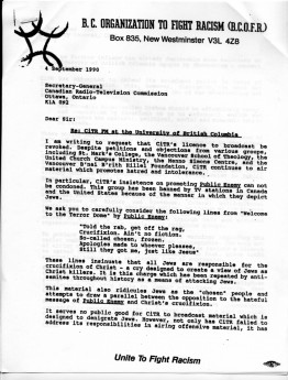 BC Organization to Fight Racism letter to the CRTC Letter from BCOFR to the CRTC