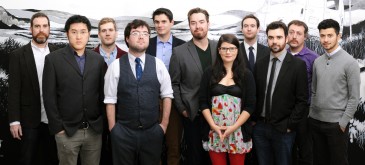 The Instant Theatre company, left to right: Alistair Cook, Andrew Chen, Brian Cook, Warren Bates, Shawn Norman, Brad MacNeil, Nicole Passmore, Tyler Cheyne, Adam Pateman, Marcel Perro, and Nima Gholamipour. Missing from the photo but part of the company: Ember Konopaki, Briana Rayner, Lauren McGibbon, and Cameron MacLeod. photo by Dylan Maher