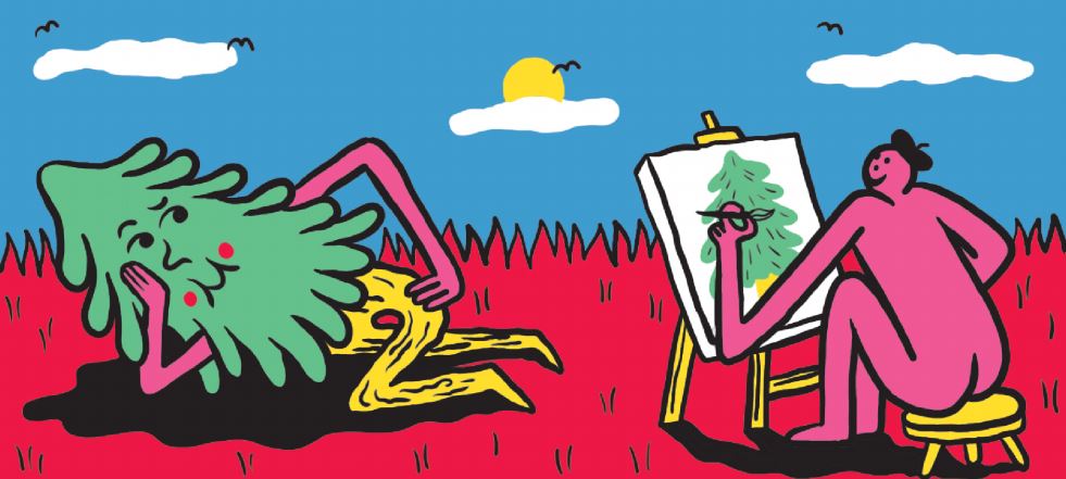 an evergreen lounges and poses seductively for a naked pink figure in a black beret on a bed of dark pink grass in front of a blue sky with three small white clouds, four small birds, and a nestled sun. the pink figure sits on a low yellow stool and paints a plain and traditional evergreen on a bulky white canvas on a yellow, wooden easel.