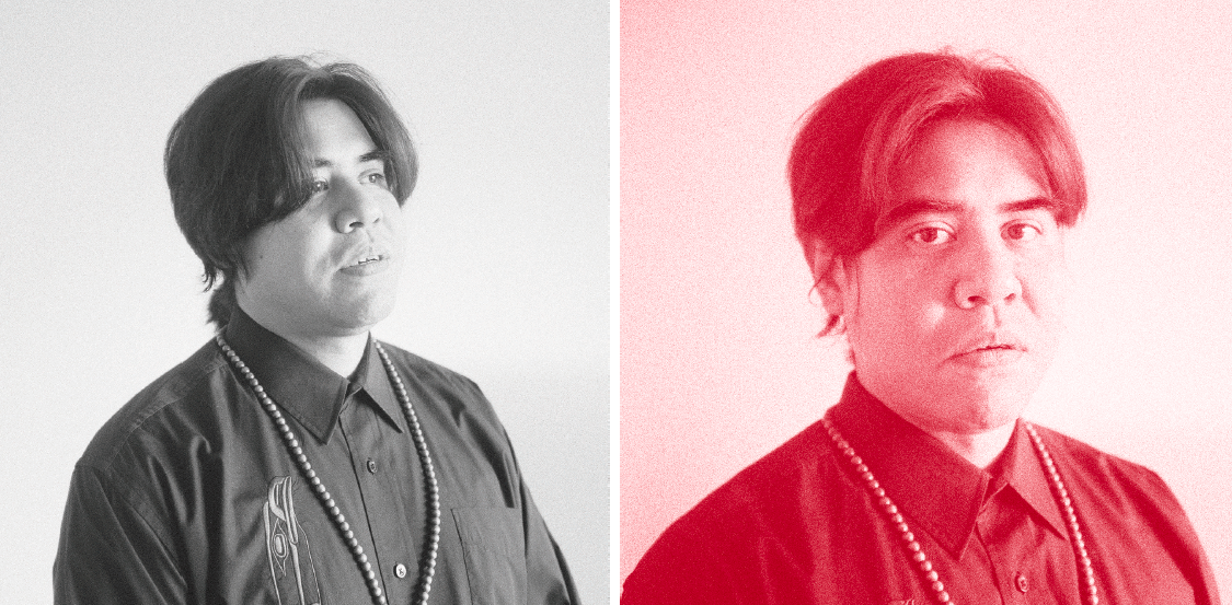 2 square photographs side by side; b&w on the left, red and white o the right. both are busts of Hope. in the left he looks thoughtful and stares into the right corner of the frame. in the right, he stares directly at the camera, still serious. his mid length hair flops over the frames of his round face. he is wearing a dark shirt buttoned all the way up and a long beaded necklace. in the left picture you see a stitched detail of an indigenous design over his right breast.