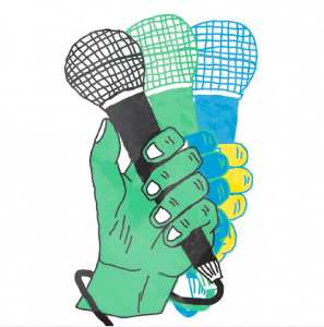 white background. a green hand waves a microphone from the right of the frame to the left in 3 stills. the hand transitions from yellow, to blue, to green; the microphone transitions from blue, to green, to black. the cord is wrapped around the hand's wrist.