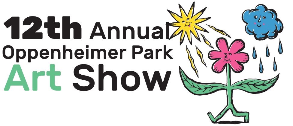 (black text on white background; "Art" mint green text on white background) "12th Annual Oppenheimer Park Art Show"; A silly smiling yellow sun sits on the right shoulder of a jaunting pink flower with mint green leaves and legs while a vacant but pleased blue rain cloud with small pink cheeks drops 5 droplets onto the flower's left shoulder