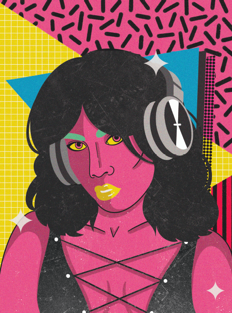 cartoon style: a woman's head and shoulders are centered on a 80s style geometric background of yellow, blue, and pink triangles; the woman makes direct eye contact with the viewer. she is wearing headphones and her head is tilted slightly down and to the left. she has pink hair, green eyebrows, and yellow lips. she is dynamic and striking.