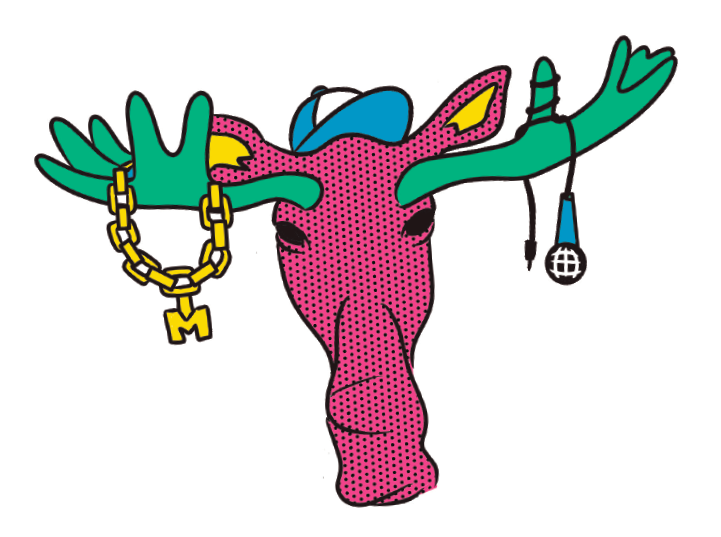 the head of a pink moose with green antlers is wearing a blue baseball hat with a gold chain with an "M" pendant on its left antler and a blue microphone wrapped around the right one.