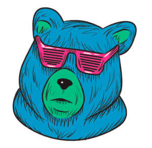 the head of a blue bear with a green snout is wearing pink kanye circa 2007 (i.e., shutter shades) sunglasses