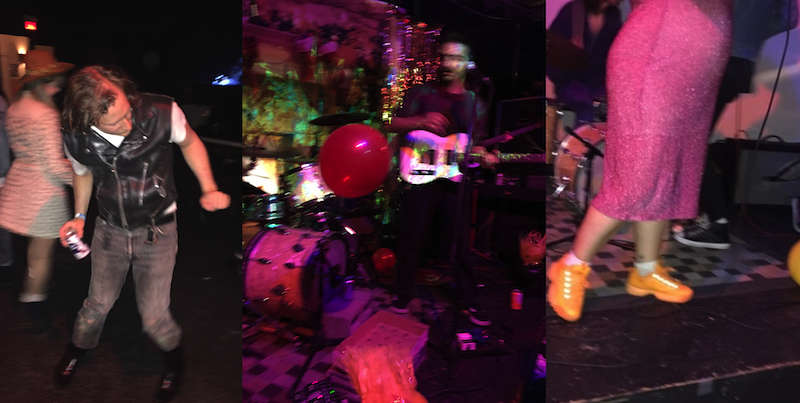 3 photographs placed in a grid next to each other. LEFT - a man dancing with his head down, people are blurred and dancing around him; CENTER - a blurry musician hold a guitar and stands to the right of a balloon being blown in the air over a small heating vent; RIGHT - the bottom half of a performer stands on stage wearing a sparkled pink dress and bright orange Fila sneakers with drums in the background