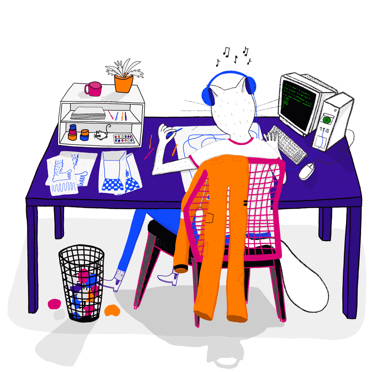 illustration of the behind view of a cat sitting in a chair at a desk drawing, surrounded by various things such as a desktop computer, other pages of drawings, and drawing tools. the iconic orange spacesuit that shitlord fuckerman performs in is draped over the backrest of the chair.