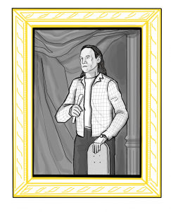 illustration of a black and white portrait of Joe Buffalo in a gold frame.