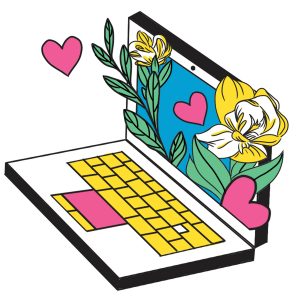 illustration of a laptop with flowers and hearts coming out of the screen.