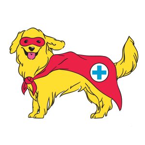 illustration of a dog with a superhero-esque red eye mask and a red cape with a cross on it indicating it is a service dog.