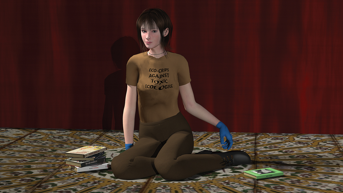 3D rendered self portrait by Olivia Dreisinger sitting on the floor in front of a red curtain with a few books placed around her. she is wearing a t-shirt that says "eco-crips against toxic ecologies".