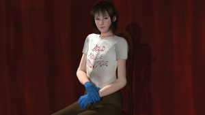 3D rendered self portrait by Olivia Dreisinger where she is sitting in a chair in front of a red curtain wearing blue latex gloves and a t-shirt that says "hold abuse accountable".