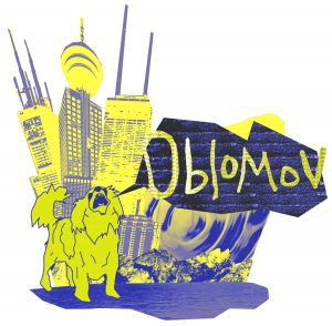 yellow and blue illustration with a dog howling "Oblomov" in a speech bubble standing in front of skyscrapers and mountains.