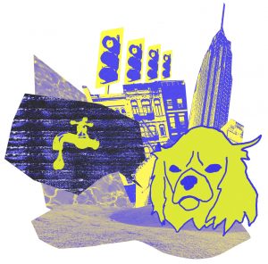 yellow and blue illustration with a dog's head and cut-outs of various images, including traffic lights, the empire state building, and a dripping tap.