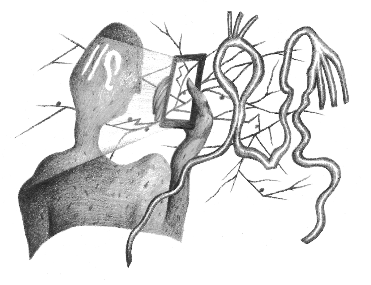 black and white illustration of a person looking at their phone