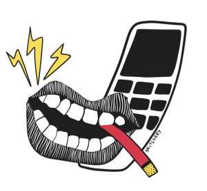 illustration of a mouth with a cigarette pressed up against a cellphone.