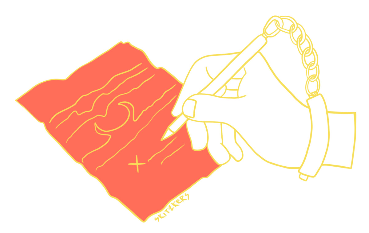 orange and yellow illustration of a hand singing a contract with the drawing of a devil on it. the hand is chained to the pen that it is signing the contract with.