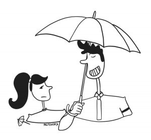illustration of a man standing under a large umbrella he is holding, grinning at an unimpressed woman with a very small umbrella.