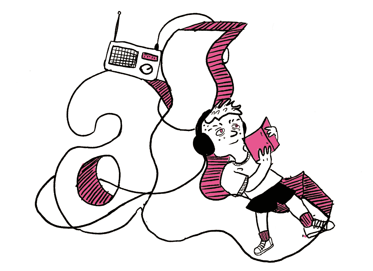 illustration of a boy in a white t-shirt and black shorts lying down across the letters "al" while reading a book and listening to a radio stereo through his headphones.