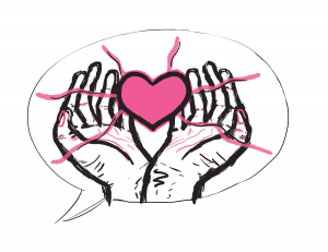 illustration of a speech bubble with open hands holding up a floating pink heart inside the speech bubble.