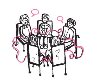 illustration of five people sitting in a circle and speaking.