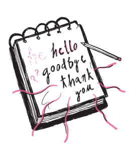 illustration of a notepad and a pencil. on the notepad the word "hello," "goodbye" and "thank you" are written.