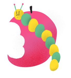 illustration of a yellow and green caterpillar in front of a half eaten red apple.