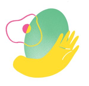 illustration of a hand in front of a green oval and a pink and yellow squiggly shape.