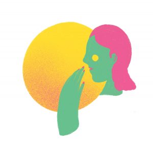 an illustration of the side silhouette of a green woman's head with pink hair in front of a yellow circle.