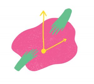 illustration of a squiggly pink shape with yellow clock hands on it and two green human hands.