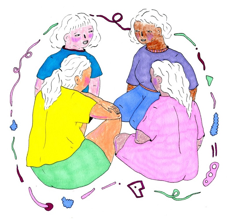 An illustration of 4 femme presenting figures sitting and facing each other. The figure in the top left is talking while the others listen. The figures are surrounded by multicolored doodles containing the illustration in its own, intimate bubble.