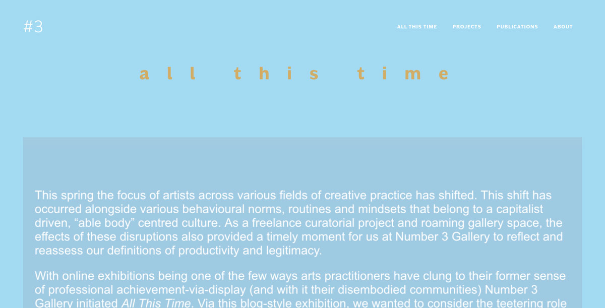 screenshot of the website where the online exhibit is housed. the background of the web page is a light sky blue and the header reads "all this time" in a brown-ish yellow color.