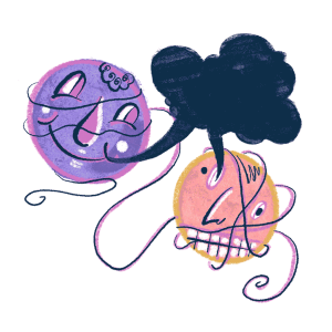 illustration of two faces with a grey speech bubble above them that they are both connected to.